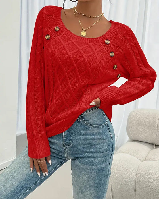 Sweter Jednokolorowy Rękaw Raglan Sprzączka Warkocz Ścieg