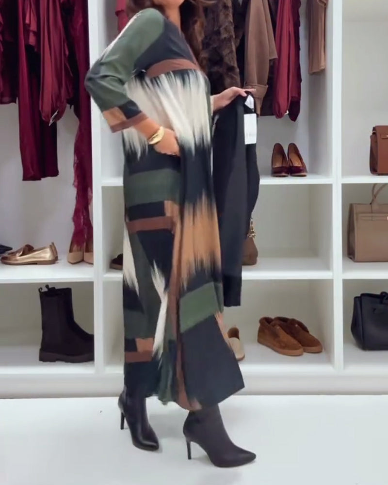 Modna Drukowana Sukienka Z Okrągłym Dekoltem I Długimi Rękawami