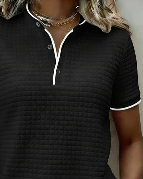 Top Wzór Wafelkowy Zapinany Na Guziki Krótki Rękaw