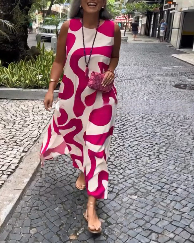 Sukienka Bez Rękawów Z Okrągłym Dekoltem I Geometrycznym Nadrukiem