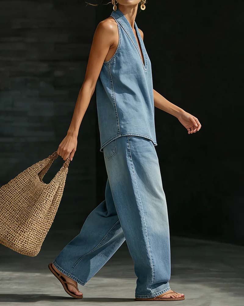 Set Moda Halter Szyja Denim