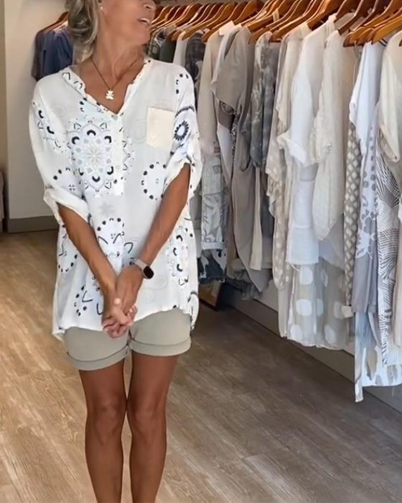 Bluzka Uniwersalna Dekolt W S Nadruk Połdługie Rękawy