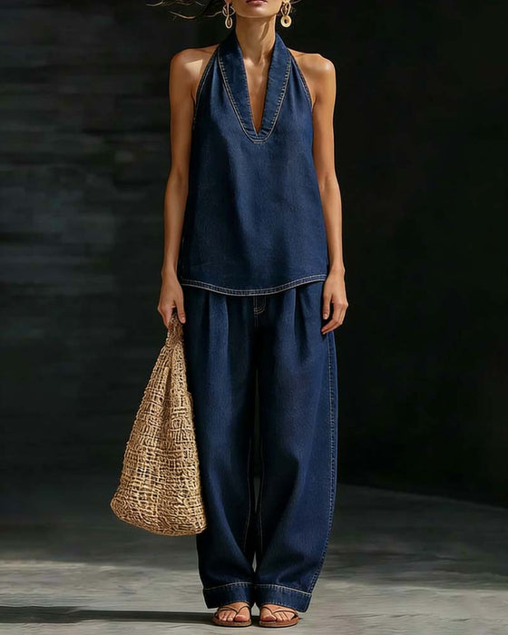 Set Moda Halter Szyja Denim