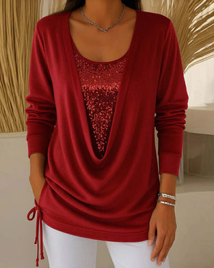 Bluzka Z Cekinami W Kontrastowych Kolorach, Imitacja Dwuczęściowej