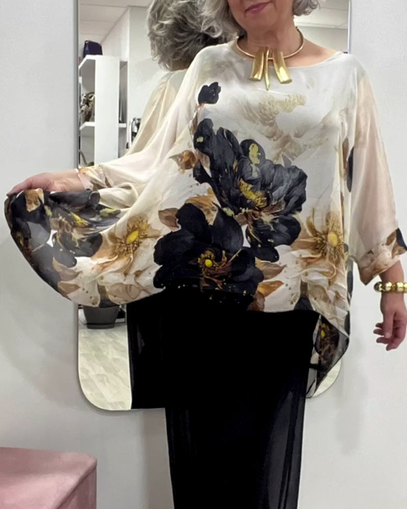 Bluzka Z Długim Rękawem Nieregularna Duży Kwiatowy Wzór