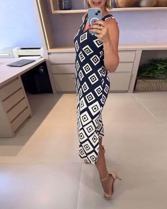 Sukienka Dekolt W S Wzór W Romby Bez Rękawów