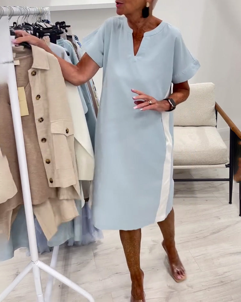 Sukienka Z Krótkim Rękawem Kontrastowy Kolor Prosta