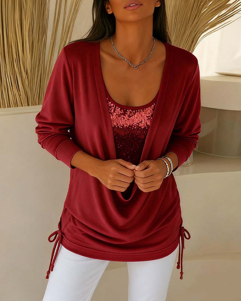 Bluzka Z Cekinami W Kontrastowych Kolorach, Imitacja Dwuczęściowej