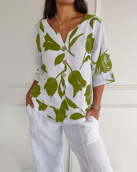 Bluza zapinana na guziki z bawełny i lnu w kwiatowy wzór