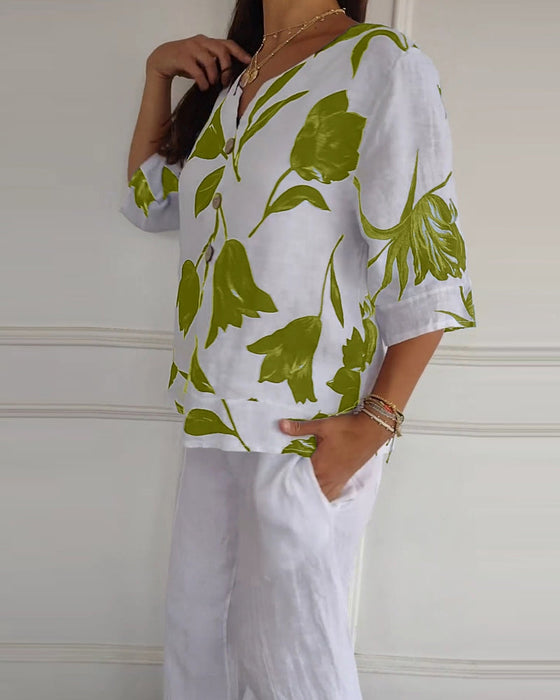 Bluza zapinana na guziki z bawełny i lnu w kwiatowy wzór