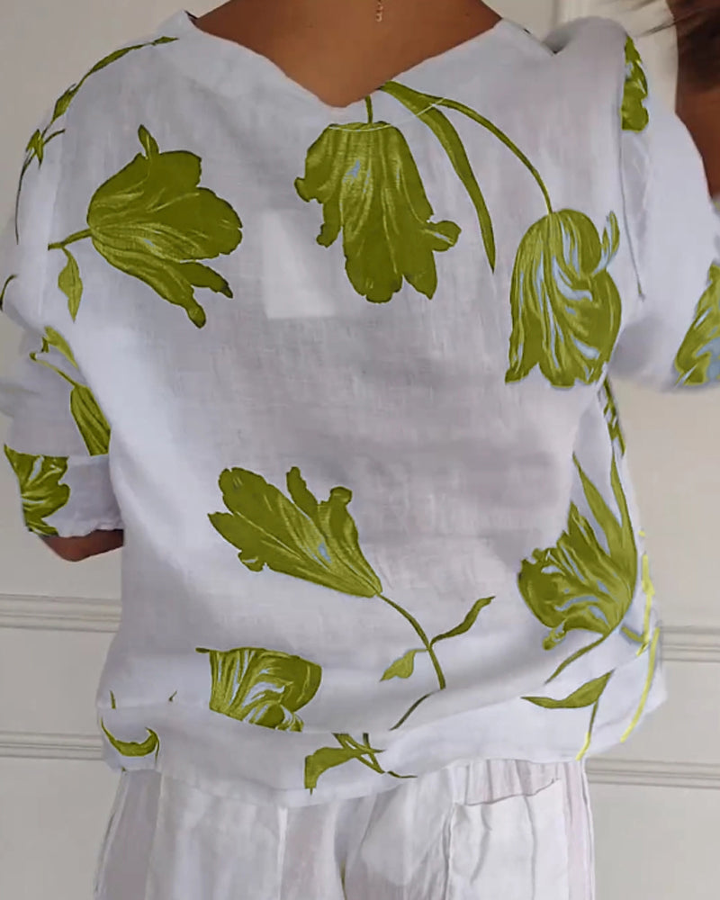 Bluza zapinana na guziki z bawełny i lnu w kwiatowy wzór