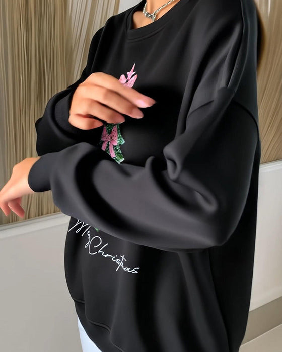 Bluza Z Okrągłym Dekoltem, Świątecznym Nadrukiem I Długimi Rękawami