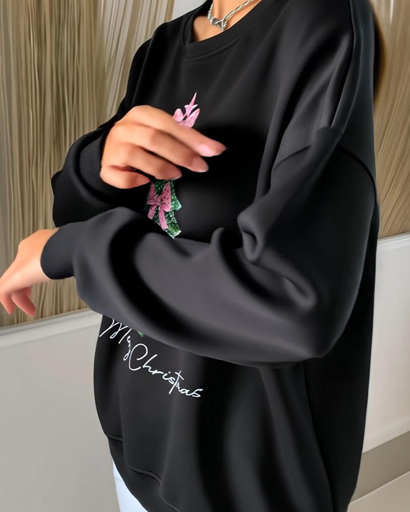 Bluza Z Okrągłym Dekoltem, Świątecznym Nadrukiem I Długimi Rękawami