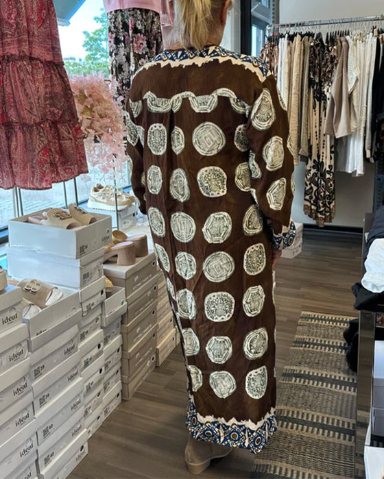 Sukienka Długi Rękaw Dekolt V Drukowany